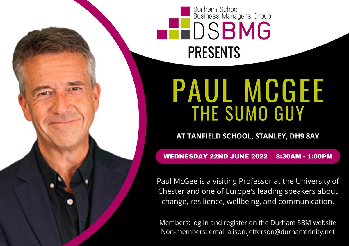 Durham #SBM Group are excited to announce <a href="/TheSumoGuy/">Prof Paul McGee</a> is delivering a fantastic wellbeing session <a href="/TanfieldSchool/">Tanfield School</a> in which he will build on the insights, inspiration &amp; practical tools that we can use to manage our own wellbeing and resilience. All welcome, see below for details!