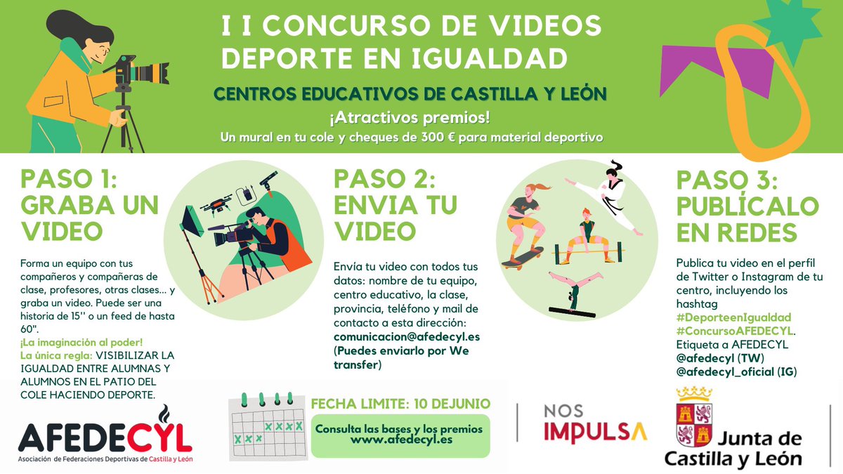 afedecyl's tweet photo. ⚠️PARTICIPA⚠️
💰Atractivos premios para tu #cole            🥇II Concurso de Vídeos Deporte en Igualdad @afedecyl 
¿Te atreves?
📹Graba un vídeo que demuestre que en tu cole hay #DeporteenIgualdad                              ⏰ Hasta el 10 de junio.
#ConcursoAFEDECYL 👇 https://t.co/A81AmDHB8t