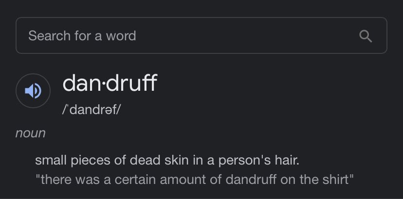 gabo_bourne's tweet photo. Noun: Dandruff.

Spanish translation: Caspa.

Example: That shampoo is good for getting rid of dandruff. https://t.co/V0uRPeEYsw