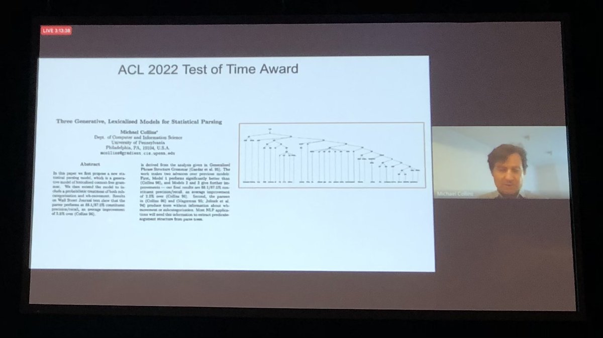 The second of the #acl2022nlp 25-year test of time awards goes to Michael Collins for his work on Statistical Parsing published at EACL 1997 #NLProc aclanthology.org/P97-1003/