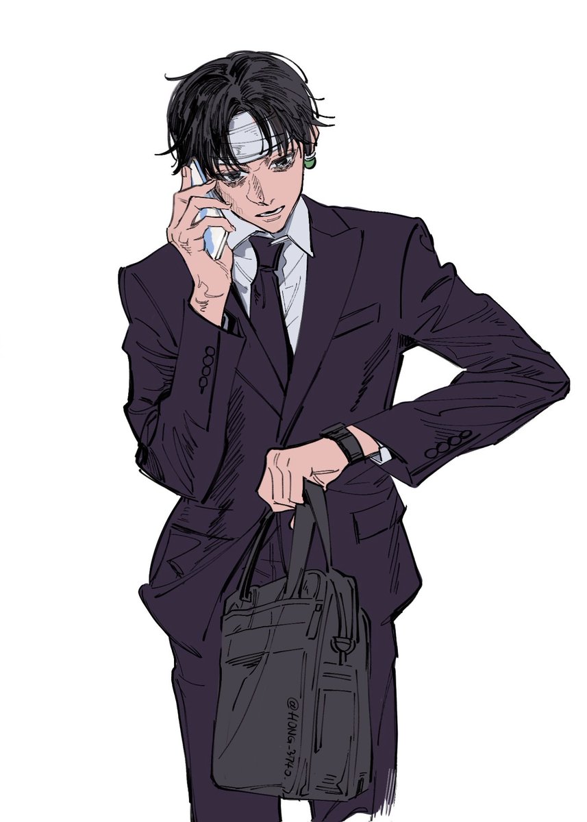 phone 1boy solo male focus necktie formal black hair  illustration images