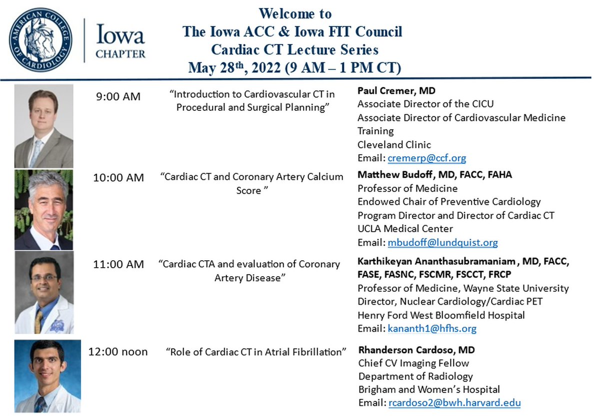 Thank you to all our speakers and participants for making the first two series a success. We transition to Cardiac CT this Saturday with an incredible lineup at the usual 9AM (CT). #ACCFIT #ACCEarlyCareer #IowaACC #IowaACCLectures