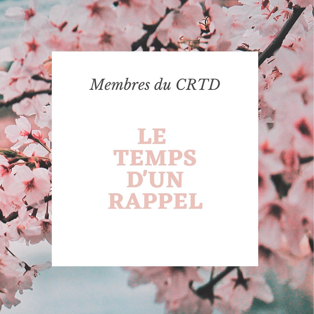 Le Temps d'un Rappel 
Souhaitez-vous un bref récapitulatif des programmes et services du CRTD?
Vous vous demandez ce que vous avez à votre disposition?
Vous envisagez de présenter une demande de subvention?