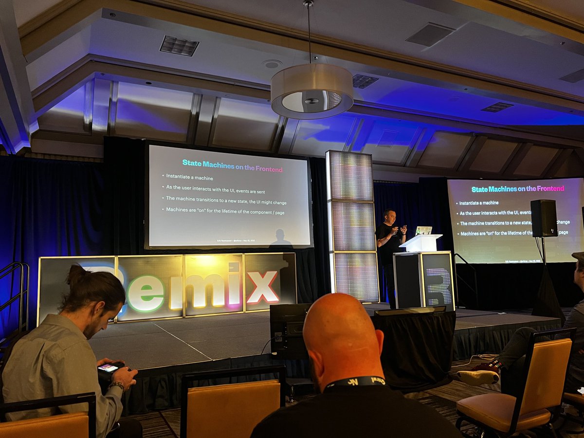 TBakerDev's tweet photo. This talk on state machines in remix (including controlling your navigation) by ⁦@erikras⁩ at #RemixConf was sweet. But what stole the show was the smooth transitions with the code samples in his slides! https://t.co/nddFZaXE2I