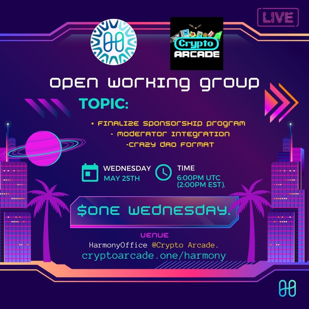 OneCommunityDAO's tweet photo. Join us today in just over half an hour (6:00pm UTC) for our weekly Open Work Group. This week's topics: finalizing the sponsorship program, moderator integration, and Crazy DAO format.

See you at @TheCryptoArcade 

https://t.co/EUldWnRvjb https://t.co/MLGZMfjVJB