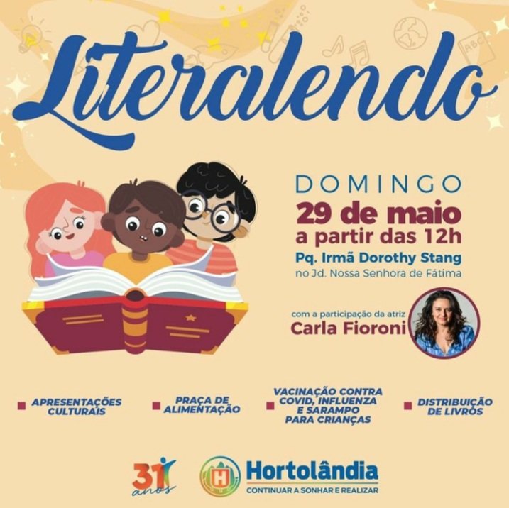 Atenção queridos de Hortolândia ( interior de SP ) e região! Dia 29 de maio tem meu Show HH ao VIVO no Literalendo evento maravilhoso que acontecerá no Parque Dorothy Stang ! Gratuito! #hhaovivo #hortolandia #secretariadeeducaçaohortolandia #Hortolândia31anos #carlafioroni