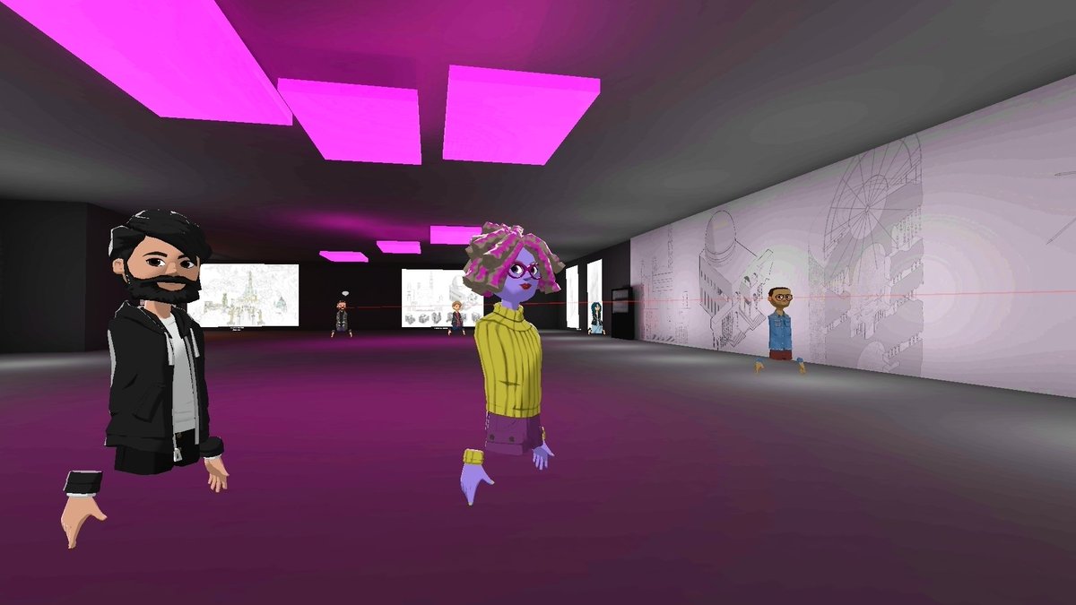 meetaverse's tweet photo. Architects drawing videogames: the exhibition. Now live in @AltspaceVR. Thanks to @iccgob @etermax @FundacionArquia @CanalUGR https://t.co/b3cyEeSAqQ