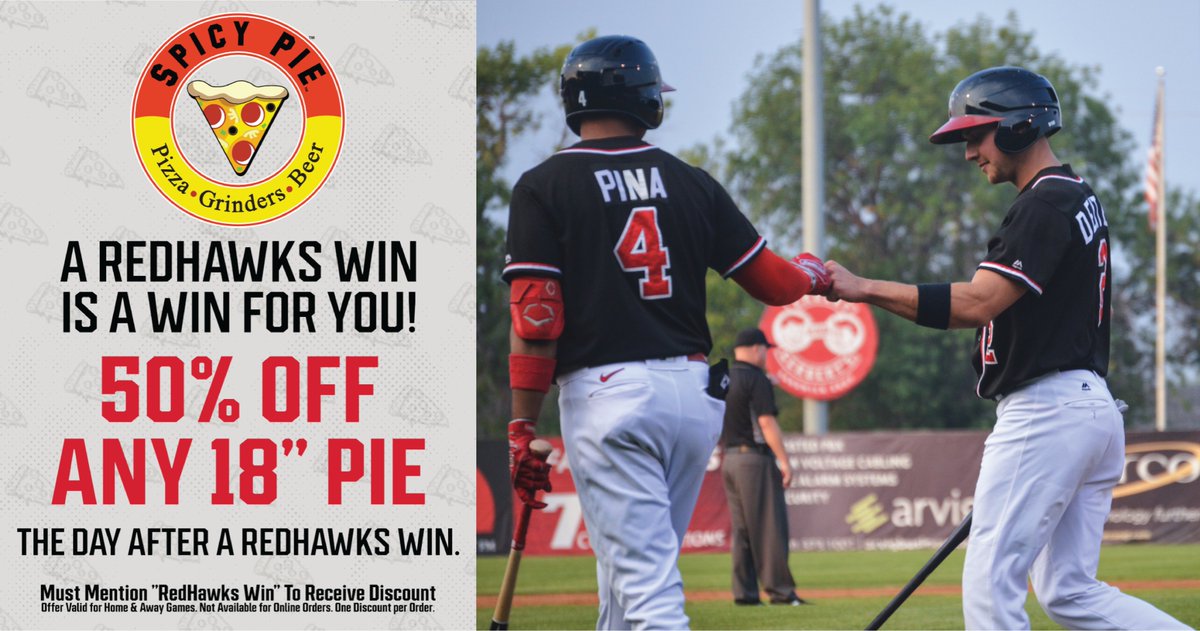 FMRedHawks's tweet photo. A walk-off #RedHawksWin is a win for you with @SpicyPiePizzaND!
Head to any Fargo-Moorhead location today for 50% off an 18-inch pie. Just say "RedHawks Win!" https://t.co/jMk2ToaL5T