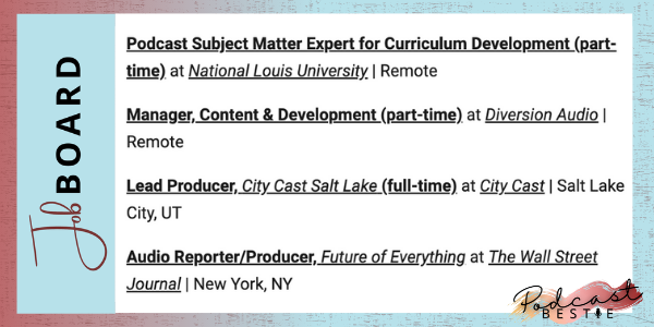 Courtney Kocak (@courtneykocak) on Twitter photo Take a load off your job search – I got you, Bestie! 😘
Every week, Podcast Bestie compiles a brand new list of jobs at companies like:
✨ <a href="/NationalLouisU/">National Louis University</a>
✨ <a href="/DiversionPods/">Diversion Audio</a>
✨ <a href="/CityCastSLC/">City Cast Salt Lake</a>
✨ <a href="/WSJPodcasts/">WSJ Podcasts</a>
Sign up now for all future editions!
📍podcastbestie.substack.com/welcome Take a load off your job search – I got you, Bestie! 😘
Every week, Podcast Bestie compiles a brand new list of jobs at companies like:
✨ <a href="/NationalLouisU/">National Louis University</a>
✨ <a href="/DiversionPods/">Diversion Audio</a>
✨ <a href="/CityCastSLC/">City Cast Salt Lake</a>
✨ <a href="/WSJPodcasts/">WSJ Podcasts</a>
Sign up now for all future editions!
📍podcastbestie.substack.com/welcome