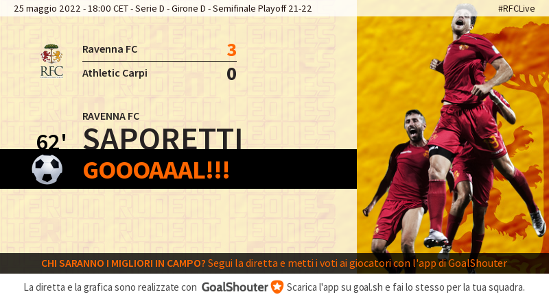 RavennaFC's tweet photo. 62' #RFCLive 3-0: Goal di Saporetti (@ravennafc) su assist di Spinosa! https://t.co/9V4T2xkeIz #AvantiLeoni #Playoff https://t.co/wKnRpkmKEh
