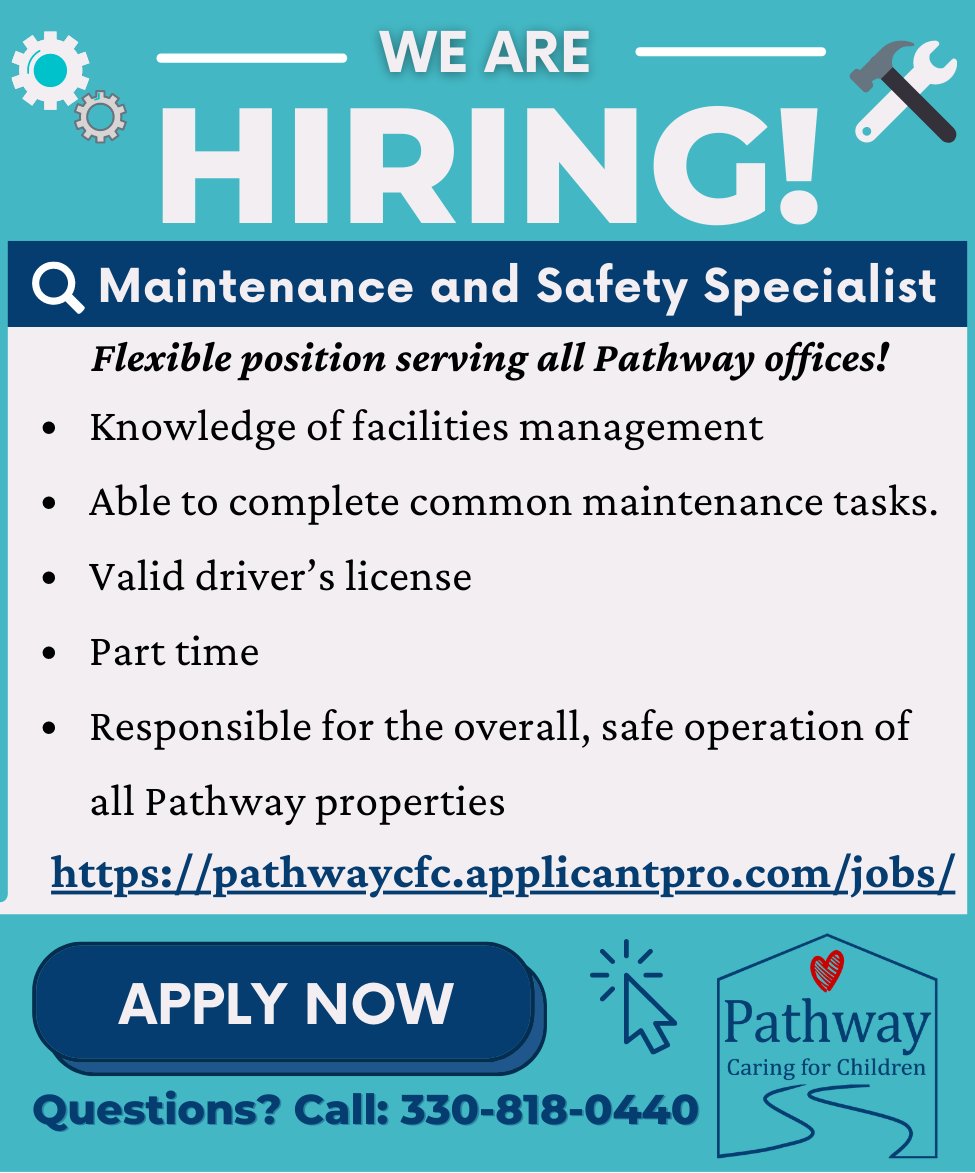 We're hiring! Are you looking for part-time work?! Pathway needs a Maintenance and Safety Specialist! Follow the link to fill out an application today! pathwaycfc.applicantpro.com/jobs/2348598.h…