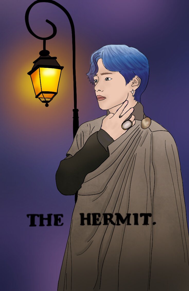 mintin22's tweet photo. The Hermit teaches us that it’s okay to take a step away from the world sometimes to acquaint yourself with your beautiful soul. Tae has also taught me this.

#btsfanart #procreateart #tarot #KimTaehyung https://t.co/uU8XMK01jt