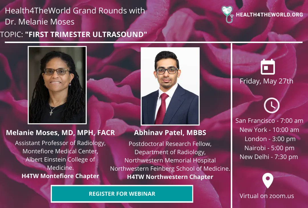 Looking forward to Health4theWorld's Grand Rounds on "First Trimester Ultrasound" with Dr. Melanie Moses, moderated by Abhinav Patel. Join us Friday, May 27th at 7AM PST. Register below!

Register: buff.ly/3MPIpag

#Radiology #MedEd