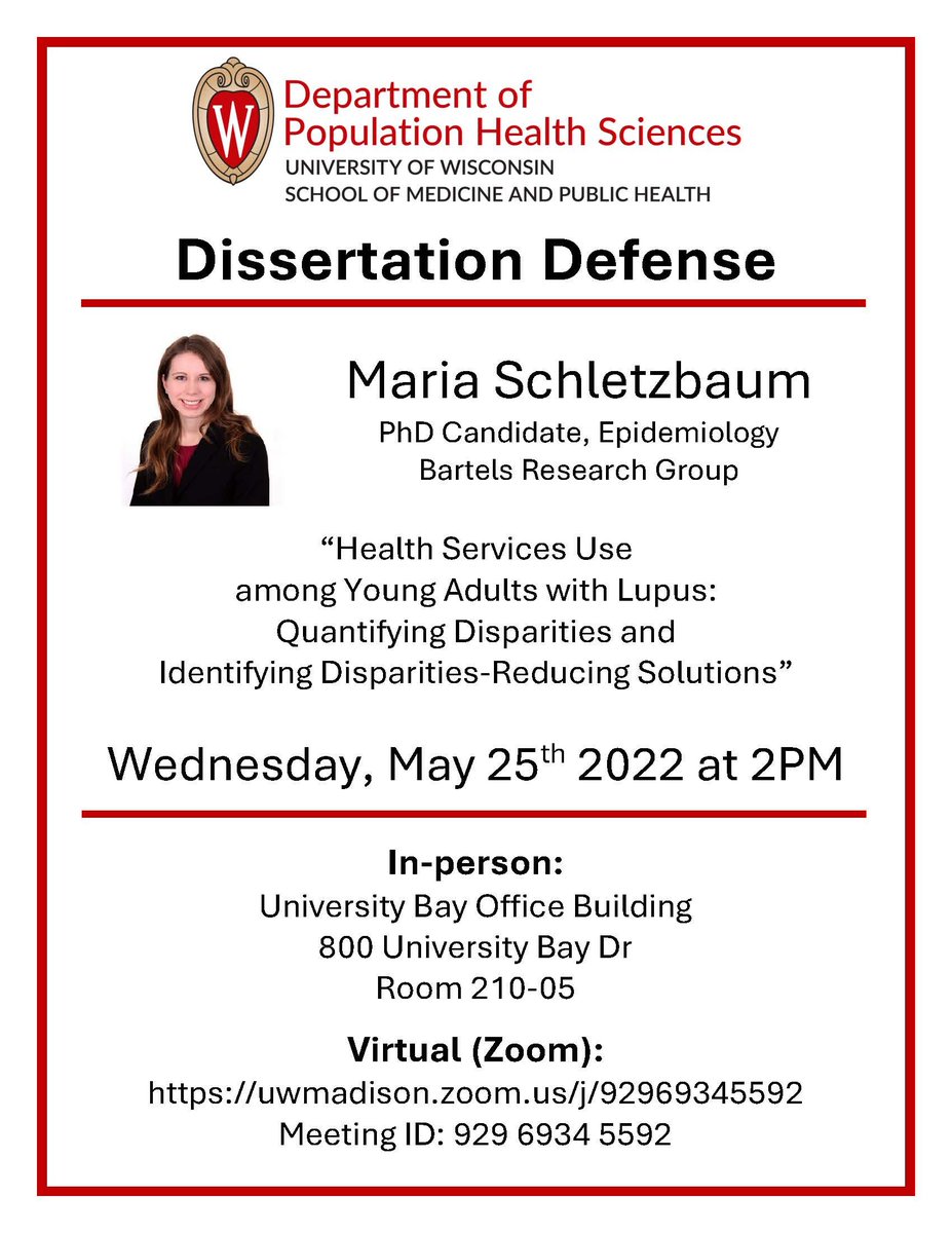 Maria Schletzbaum, PhD (@theschletzbaum) on Twitter photo It's happening! Defending my #Epidemiology PhD today on health services use and health disparities in #Lupus. #doubledoc <a href="/CBartelsMD/">Christie Bartels MD MS</a> <a href="/UWMSTP/">UW MSTP (University of Wisconsin-Madison)</a> <a href="/uw_medicine/">University of Wisconsin Department of Medicine</a> <a href="/uwmadison/">UW–Madison</a> <a href="/UW_CHDR/">UW-Madison Center for Health Disparities Research</a>
#LupusAwarenessMonth It's happening! Defending my #Epidemiology PhD today on health services use and health disparities in #Lupus. #doubledoc <a href="/CBartelsMD/">Christie Bartels MD MS</a> <a href="/UWMSTP/">UW MSTP (University of Wisconsin-Madison)</a> <a href="/uw_medicine/">University of Wisconsin Department of Medicine</a> <a href="/uwmadison/">UW–Madison</a> <a href="/UW_CHDR/">UW-Madison Center for Health Disparities Research</a>
#LupusAwarenessMonth