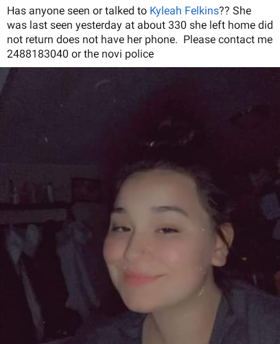 Hart7405's tweet photo. PLEASE #MissingInMichigan #KyleahFelkins #MissingInNovi PLEASE this is my cousin please share I beg you. Can't do this alone @Beth209843  @ashtraypotterb not again 🥹💔 https://t.co/l4C3VS3TbD