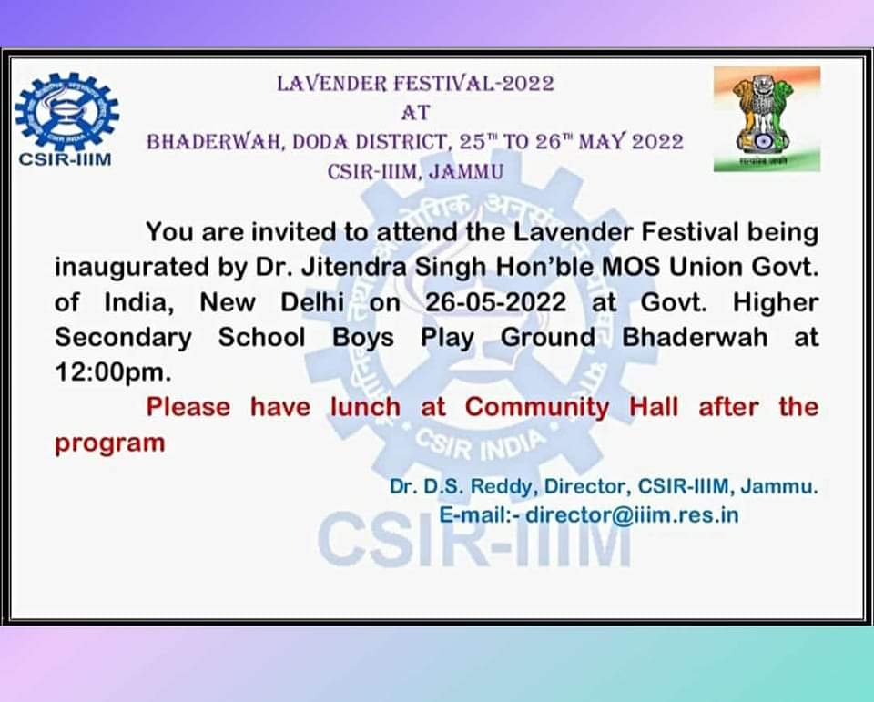 #purplerevolution
 Lavender Festival 2022
 Venue: Boys Higher Secondary School Ground Bhaderwah.
Thanks to Dr @DrJitendraSingh ji for giving new direction to Bhaderwah,it will not only prove to be helpful for the farmers,but it will also boost the tourism of Bhaderwah.