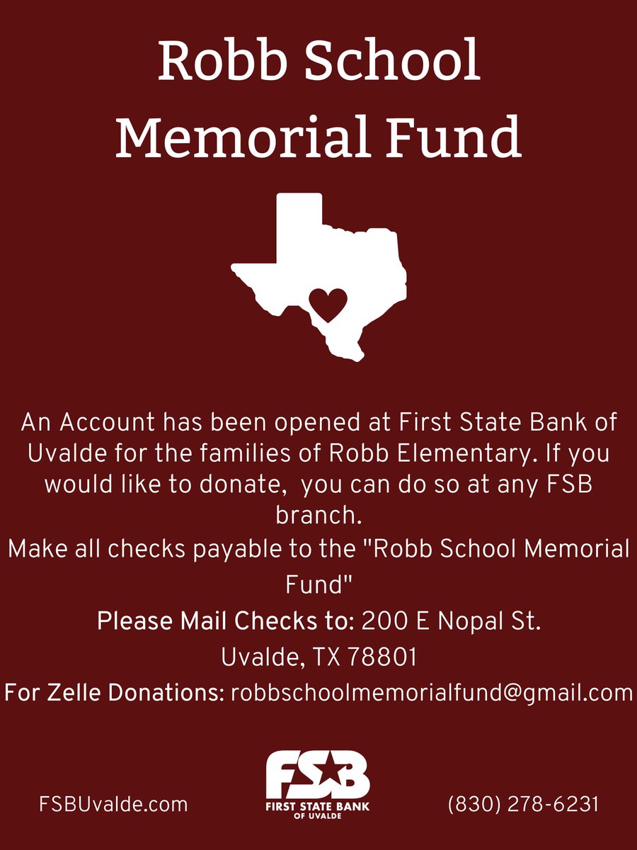 Uvalde_CISD's tweet image. An official account with First State Bank has been set up for donations through UCISD to assist the families of this tragedy.

Please know that the FSB account, is the only verified location to make any monetary donations. No other source is currently recognized.