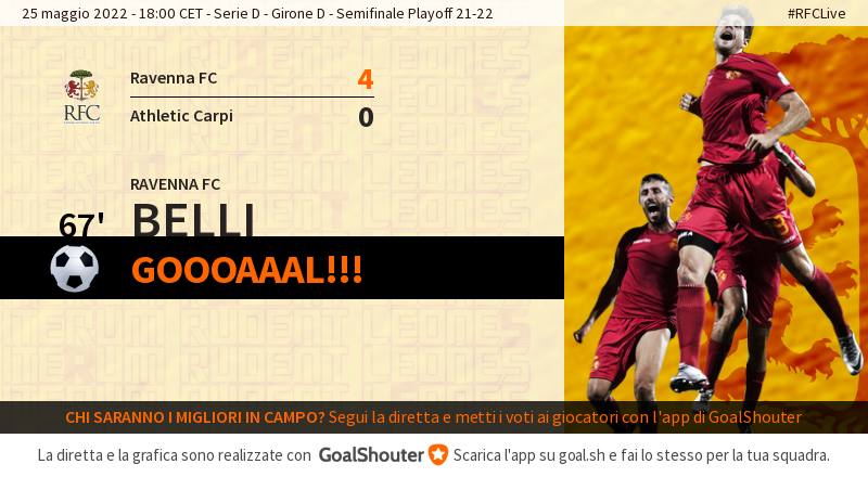 RavennaFC's tweet photo. 67' #RFCLive 4-0: Goal di Belli (@ravennafc) su assist di Saporetti! https://t.co/9V4T2xkeIz #AvantiLeoni #Playoff https://t.co/AuWyS2TYIs