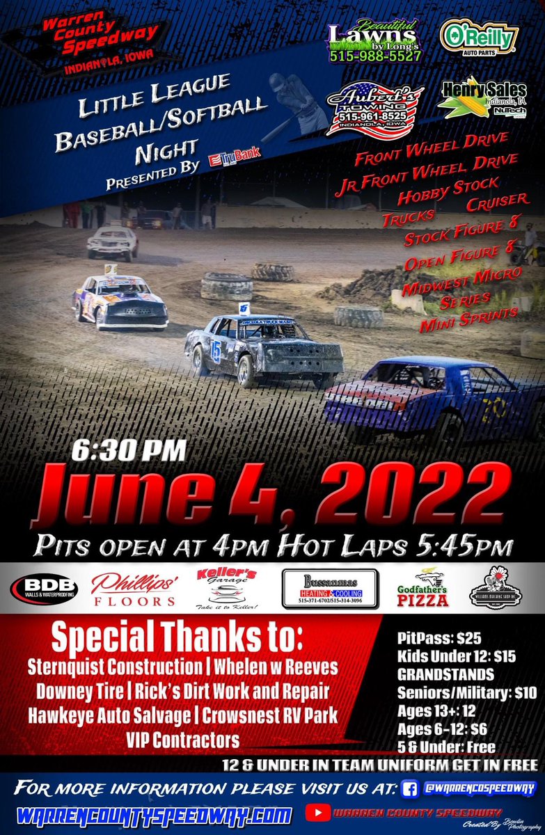 IndianolaLL's tweet photo. 🏁 Next Race is June 4th, 🥎 Little League Baseball/Softball Night ⚾️ anyone 12 and under wearing their team uniform get in free to the grandstand! We hope to see you there! https://t.co/eVo6OVgPYx