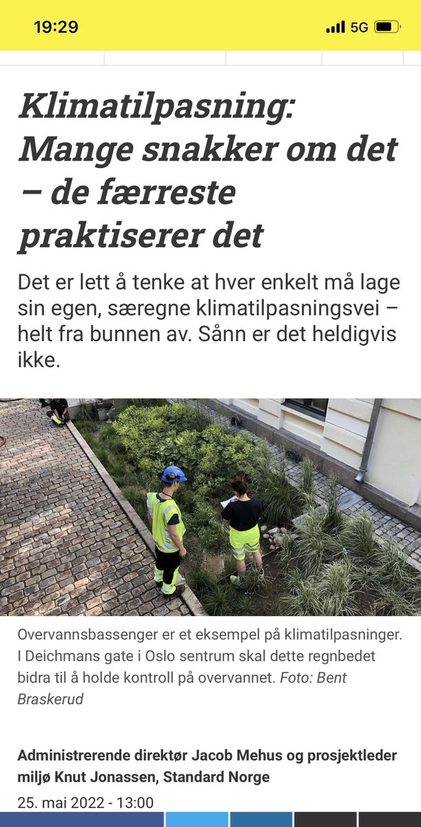 Klimatilpasning: Mange snakker om det – de færreste praktiserer det. Les innlegget i TU om tre nye ISOstandarder for klimatilpasning <a href="/StandardNorge/">Standard Norge</a> <a href="/StandardKnut/">Knut Jonassen</a> <a href="/JacobMehus/">Jacob Mehus</a> tu.no/artikler/klima…