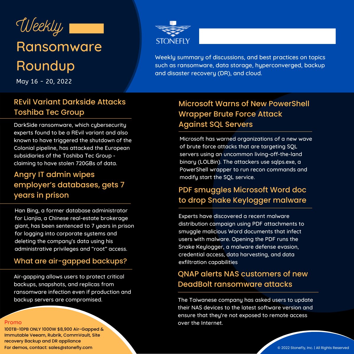 StoneFlyInc's tweet photo. The third of week of May summarized in our weekly ransomware roundup. For more details, visit: https://t.co/BTRQFY56m1

#REvil #Deadbolt #Powershell https://t.co/5Qob7IUnli
