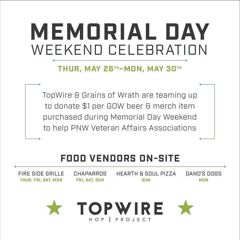 We’re teaming up with Grains of Wrath Brewing for a long #memorialdayweekend celebration featuring a GOW tap spotlight, a variety of food vendors, and a worthwhile charity fundraiser. Hope to see you there!