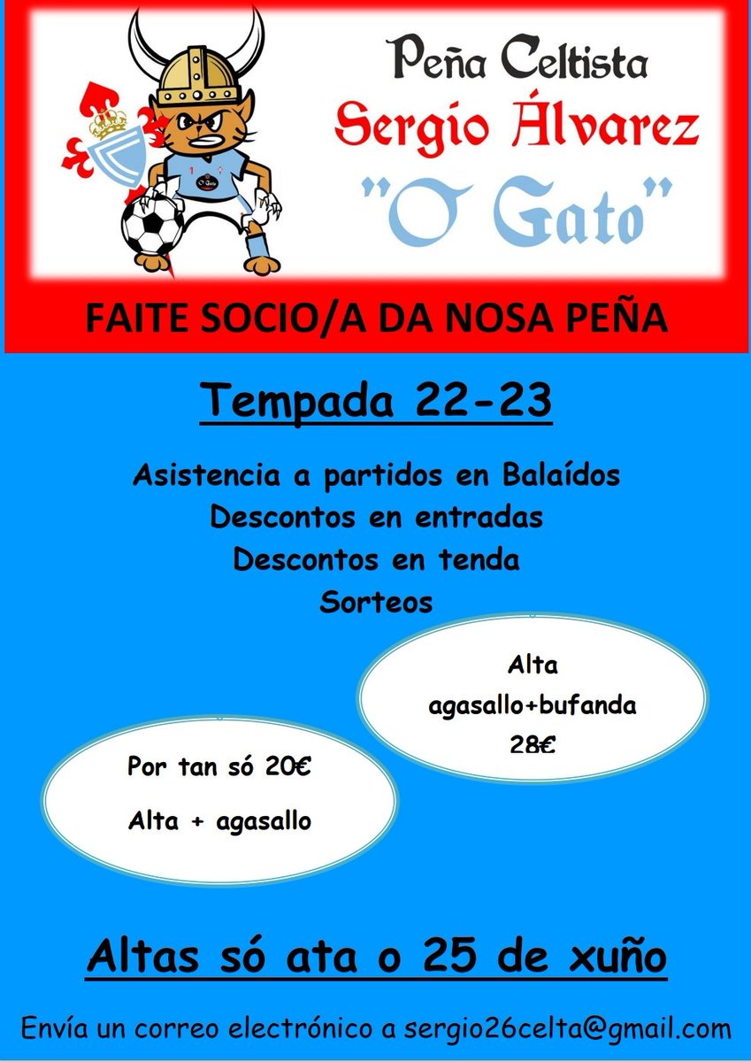 Comezamos a organizar a próxima tempada 22-23.
Dende hoxe ata o 25 de xuño poderás darte de alta como socio da Peña Sergio Alvarez O Gato!!! Únete a nós!!! Esperámoste!! 

Pregúntanos información sen ningún compromiso!
***pedímosvos un retweet 🙏