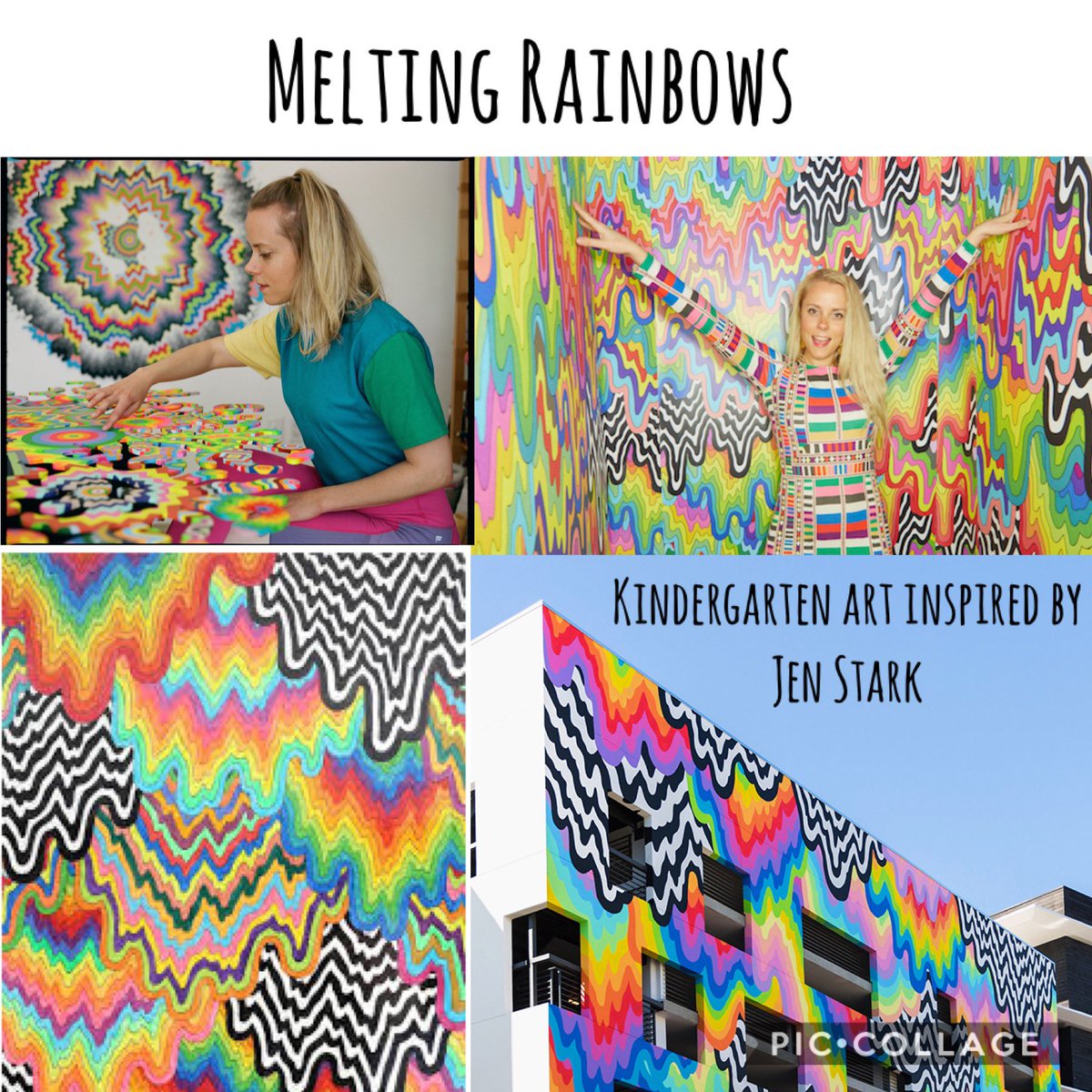 TaylorMadeKG's tweet photo. Kindergarten melting rainbow collaborative art in the style of artist Jen Stark https://t.co/6riMfdyxpI