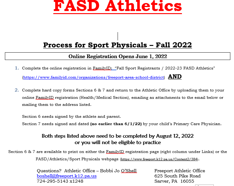 Athletes - Fall 2022 / Grades 6-12
FamilyID &amp; Sports Physicals open for fall sports (including hockey) on WED 6/1.  
Mandatory for every athlete.
See attached directions
<a href="/FreeportVolley/">FREEPORT VOLLEYBALL</a> <a href="/FHBoysSoccer/">Freeport Boys Soccer</a> <a href="/FAHSGirlsSoccer/">FAHS Girls Soccer</a> <a href="/CrossFreeport/">Freeport Cross Country</a> <a href="/FreeportGolf/">Freeport Golf</a> <a href="/freeporthockey/">FREEPORT VARSITY HOCKEY TEAM</a> <a href="/FreeportGirlsBB/">Freeport Girls Hoops</a>