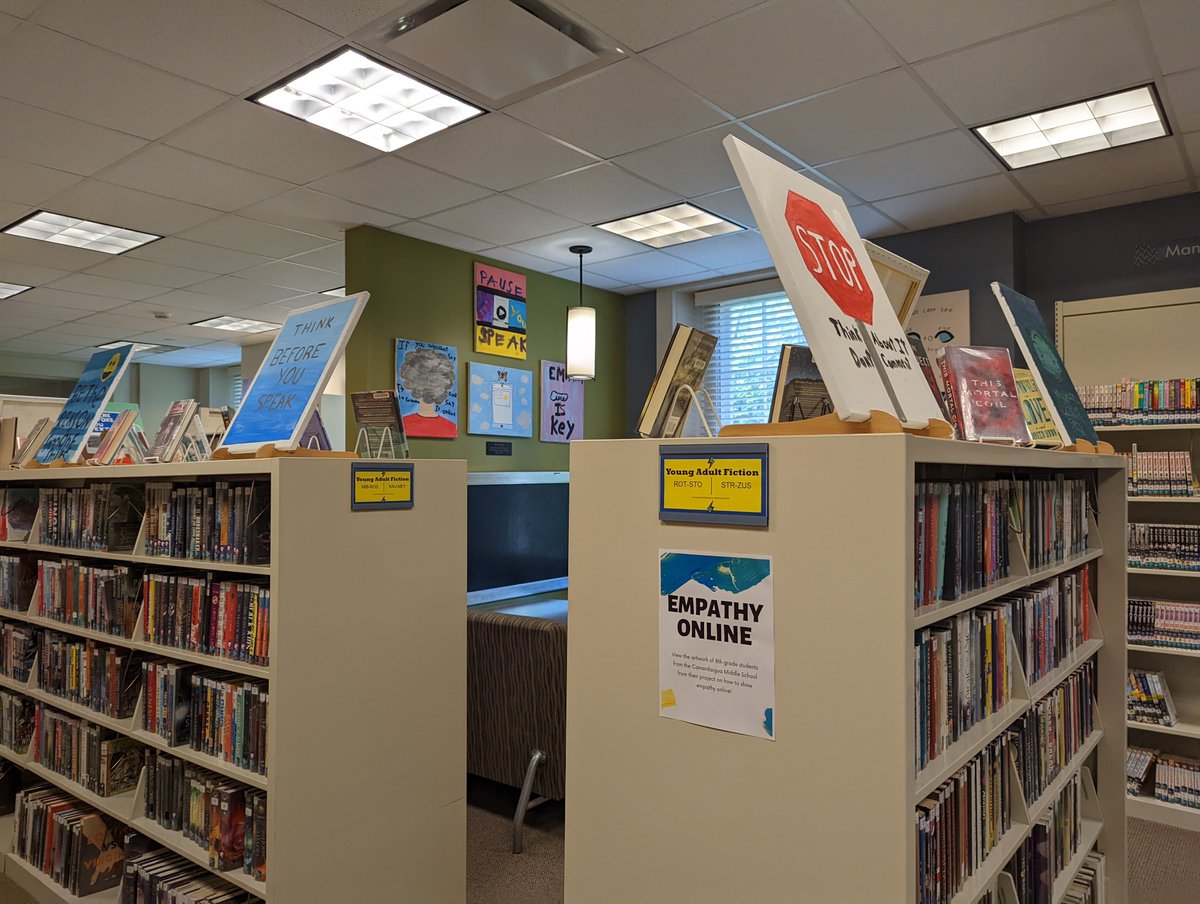 Wood_Library's tweet image. Stop into Wood Library Teen area to check out some great art work from the 8th Grade Class about empathy online. @Canandaiguaschool