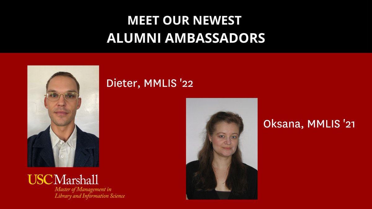 USCMMLIS's tweet photo. Meet our new alumni ambassadors, Dieter, MMLIS '22, and Oksana, MMLIS '21. They are ready to answer your questions about their experience and how receiving an MMLIS shaped their career and much more! See their contact information here:
https://t.co/ZgiSEoaoE8
#uscmmlis #mlis https://t.co/HamThPX5WG