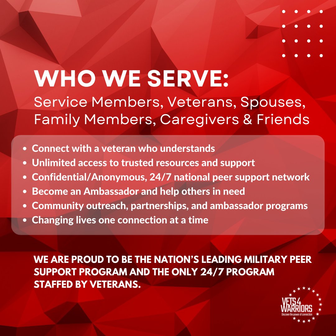 Vets4Warriors's tweet photo. Vets4Warriors has been supporting the entire military community, from those who have just put on a uniform to the caregivers of veterans who have stopped wearing a uniform.

855-838-8255 | https://t.co/w8KDV4KEPo

#V4W #V4W10 #vets4warriors #veterans #discoverthepowerofconnection https://t.co/M6jkVV3FH8