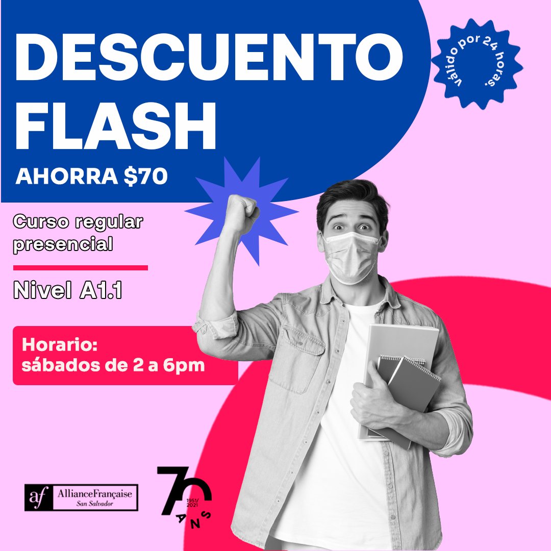 afelsalvador's tweet image. ¡Inicia tu formación en el francés con la Alianza Francesa🇫🇷🇸🇻!

Aprovecha esta oferta especial que durará hasta la medianoche del jueves 26 de mayo.

Escríbenos para más detalles de la inscripción.

‼️Las clases inician este sábado 28 de mayo.

 #FYI #cursos2022 #cursosfrances