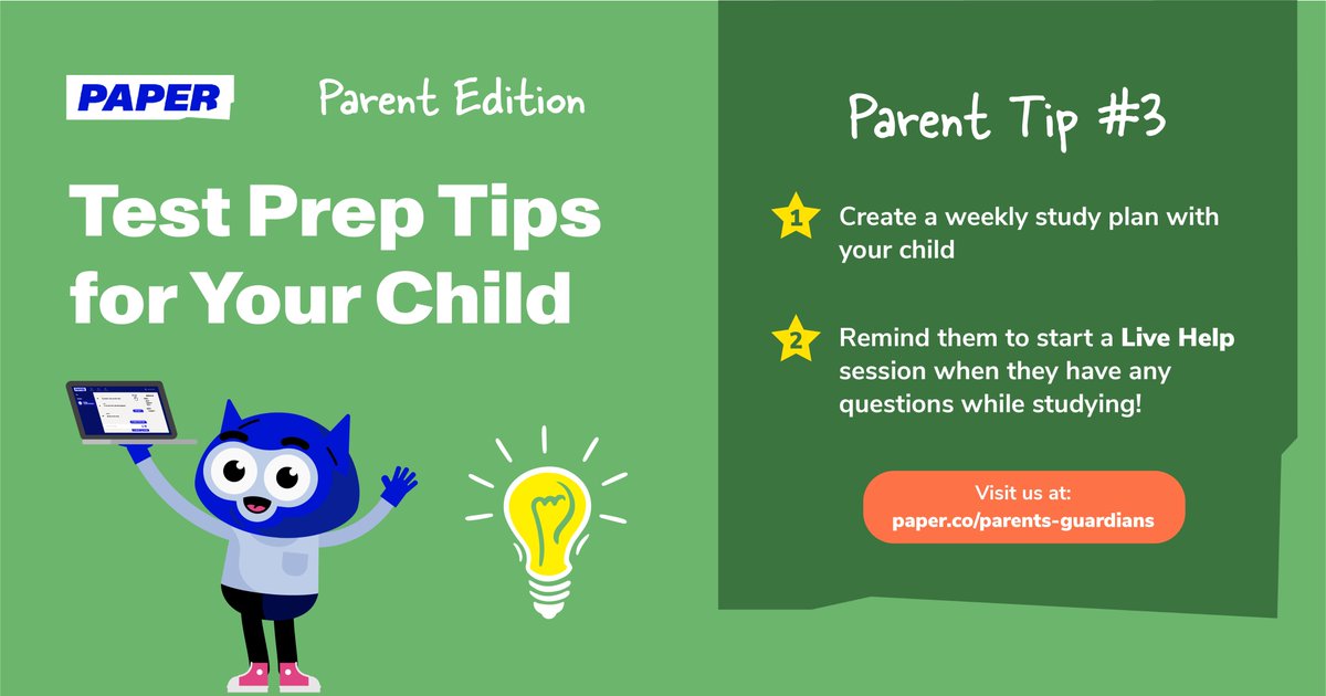 <a href="/paperlearning/">Paper</a> is here to help! 💻

Set your child up for success by making time each night to review upcoming testing material. Remind your child to login to Paper for free, 24/7 tutoring support any time they hit a roadblock! #PaperPrep #FreeTutoring