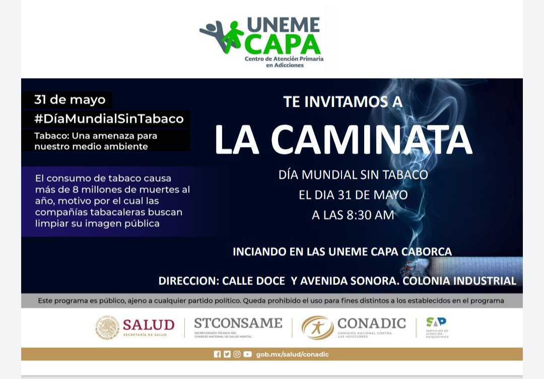 UCaborca's tweet photo. Te invitamos a qué participes en la Caminata y recolectando colillas de cigarros en botellas de agua de 500 ml, .1.5 lts. para que pueda canjear por su árbol.
#capacaborca #JuntosPorLaPaz #CONADIC #usatucapa #colillatón #díamundialsintabaco https://t.co/6dwMjJoK3V