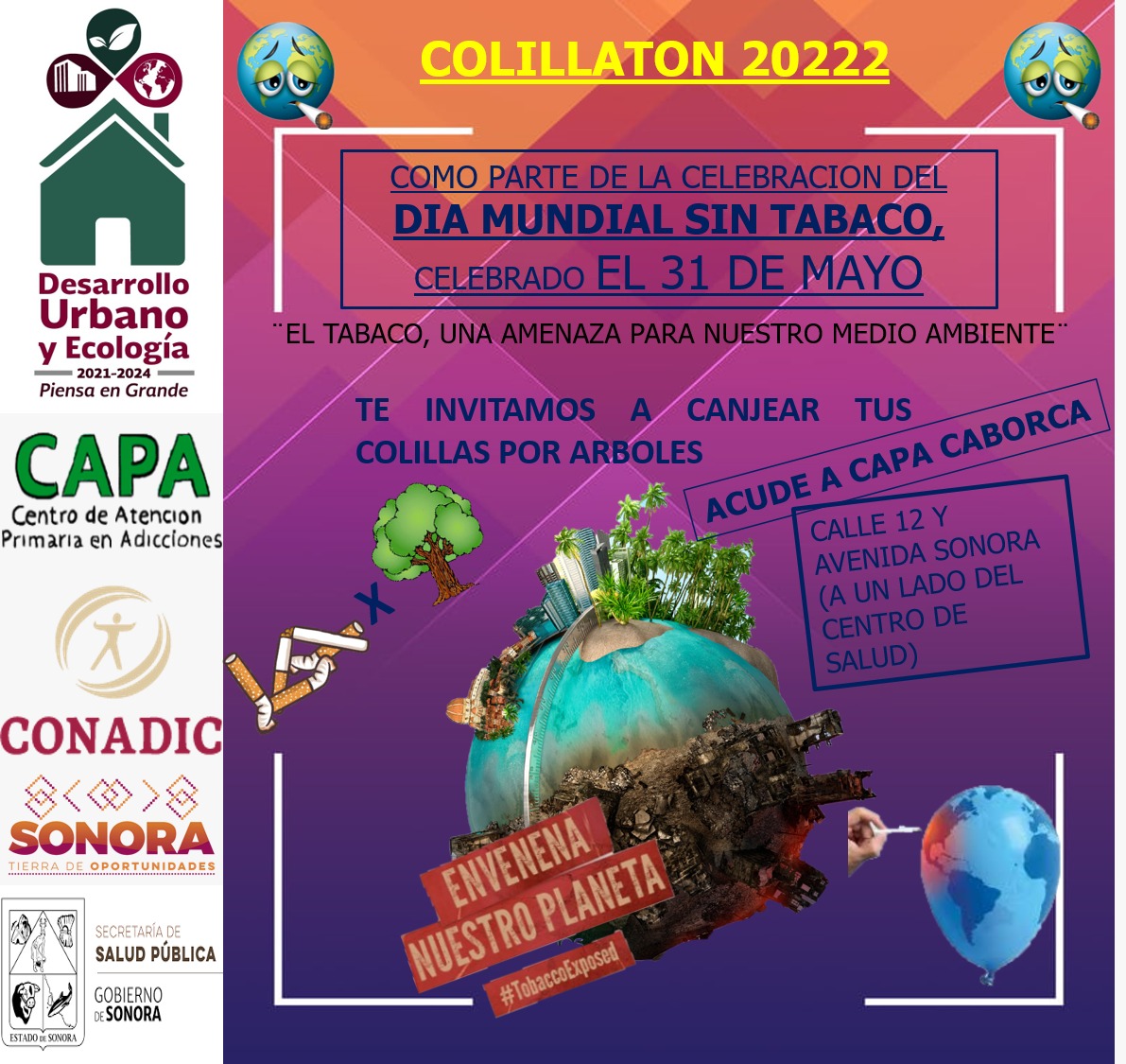 UCaborca's tweet photo. Te invitamos a qué participes en la Caminata y recolectando colillas de cigarros en botellas de agua de 500 ml, .1.5 lts. para que pueda canjear por su árbol.
#capacaborca #JuntosPorLaPaz #CONADIC #usatucapa #colillatón #díamundialsintabaco https://t.co/6dwMjJoK3V