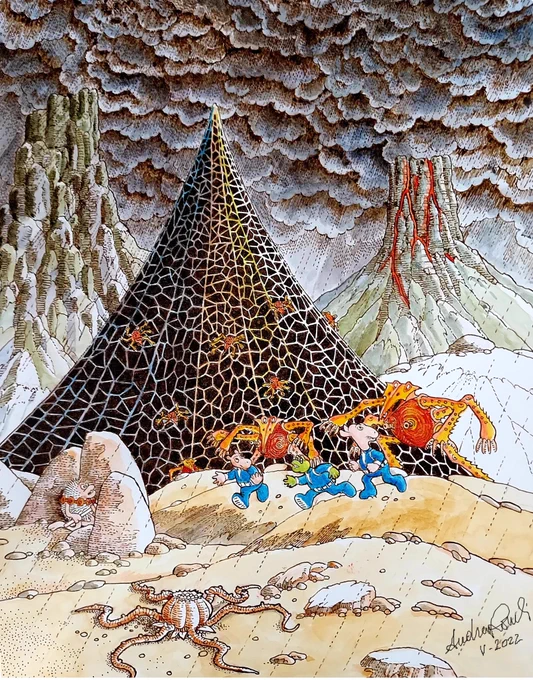 🎨「クモの街」のトッピー、ジラフ、ラナ、シビップ。
#AltriMondi シリーズの「最後の要塞(原題:L'ultima fortezza)」に収録されている絵を、新しいバージョンで表現したくてこの絵を描きました。#宇宙船サジタリウス 