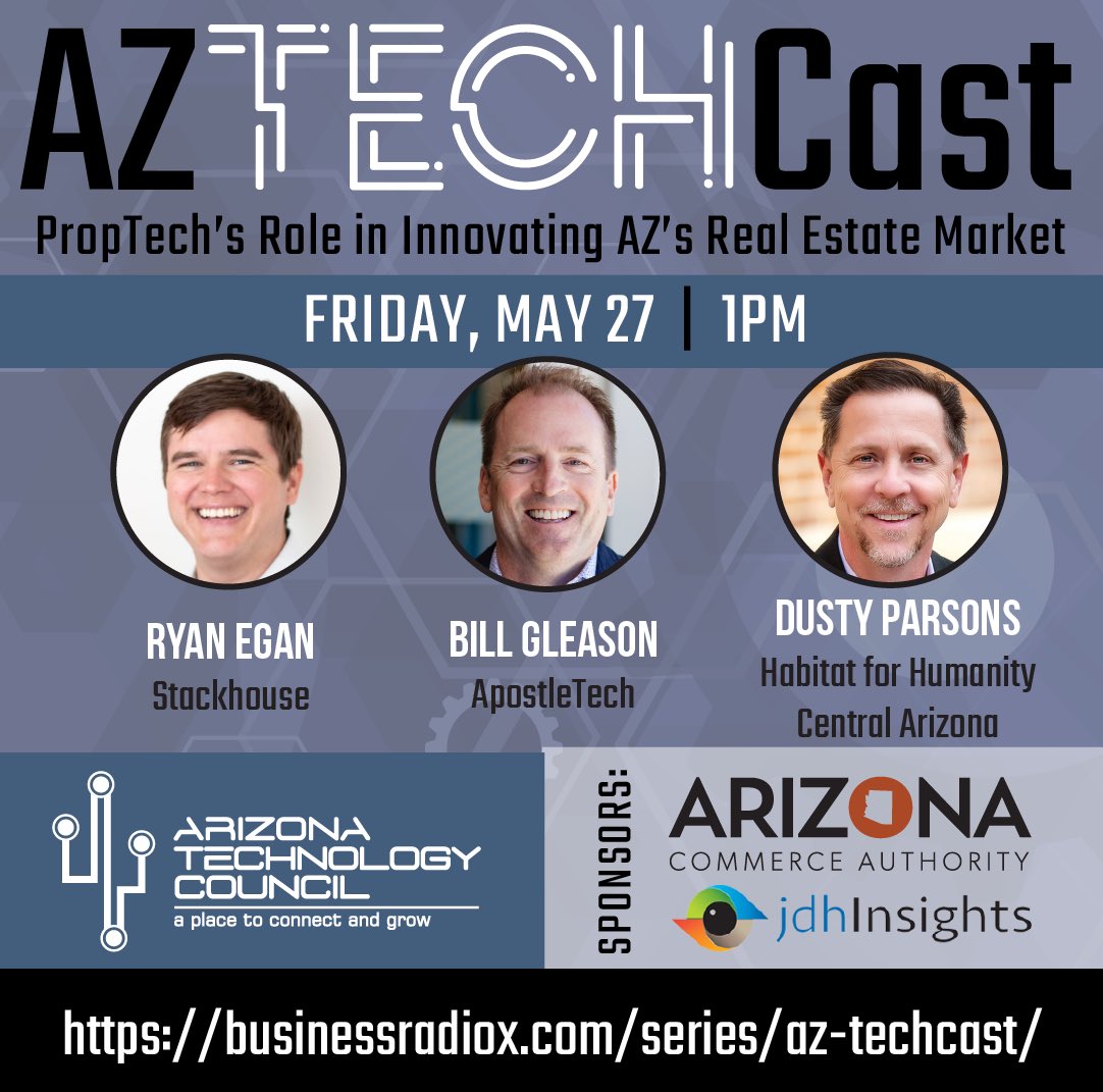 Stackhouse_Life's tweet photo. Don't miss @aztechcouncil's next TechCast segment on May 27! Experts from @Stackhouse_Life, @ApostleTech and @HabitatCAZ will discuss the technology trends that are stabilizing AZ’s housing market. Tune in at 1PM: https://t.co/YaG9IVa5vn https://t.co/nmnuL50FV8
