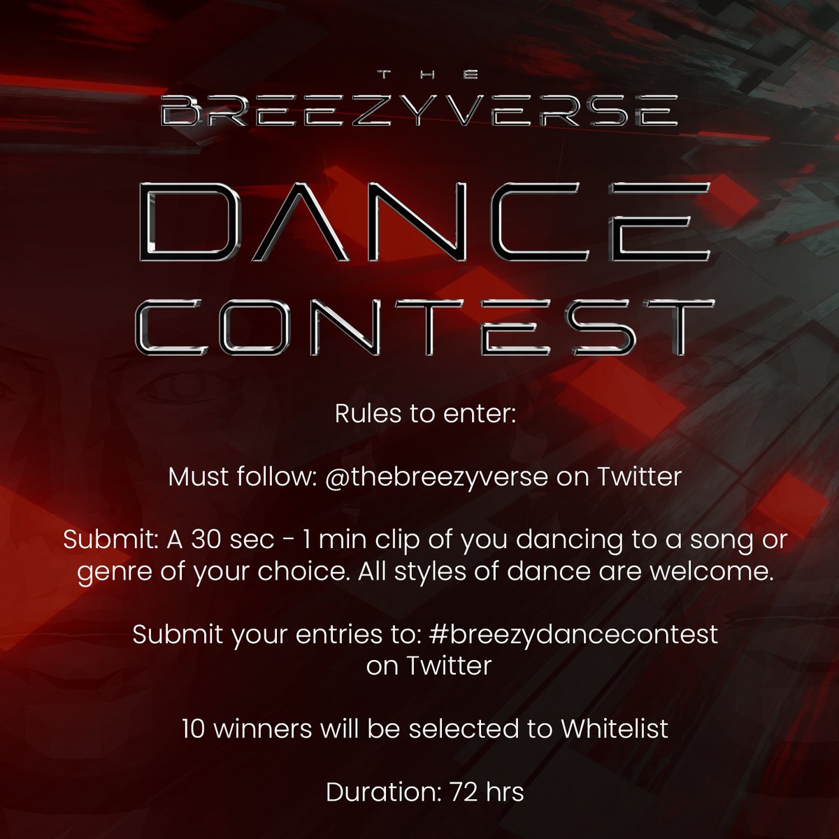 thebreezyverse's tweet photo. 💃 WHITELIST CONTEST 💃 

It's time to get down so show us what you got! All entries must be submitted to #breezydancecontest on Twitter. Make sure to Follow @thebreezyverse Like ❤️  Retweet ♻️  and tag 3 friends 🥳 

#thebreezyverse #nft #nftcommunity #whitelist https://t.co/DXMGeGXvFn