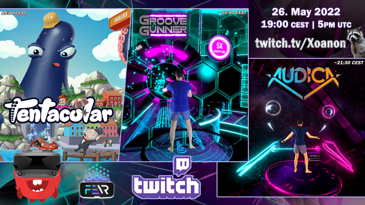 _Xoanon_'s tweet photo. In 20 minutes: #VR stream! Today more #Tentacular 🐙 & double pew pew with the return of #GrooveGunner and #AUDICA! 🎶🔫🦝
@firepunchd @GrooveGunner @bitcutter_devs #VirtualReality #MixedReality #TwitchStreamers #SupportSmallStreamers #Twitch #LIV @LIV @pulsoid_app #fevrtweet https://t.co/RTNPf4APXT