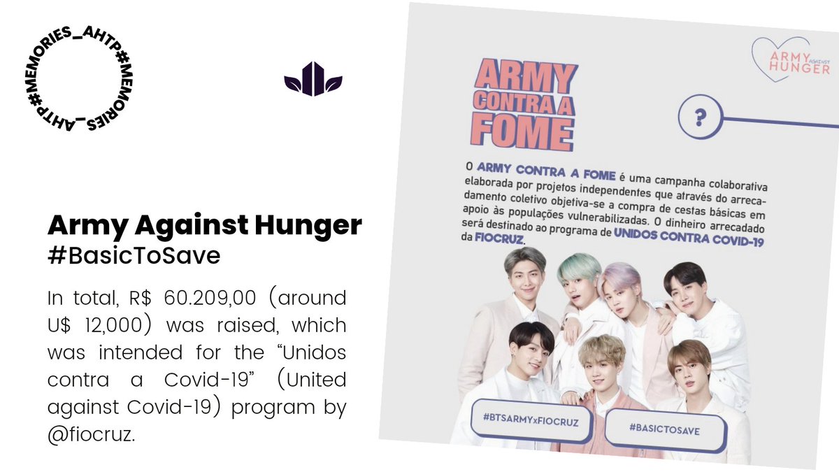 ARMY_HTP's tweet image. 🕰️ | Let’s remember?

On may 25th of 2021, the AHTP launched the “Army Against Hunger” (#BasicToSave) campaign: a collaboration between BTSARMY and @fiocruz to finance the purchase of basic food baskets for vulnerable populations.