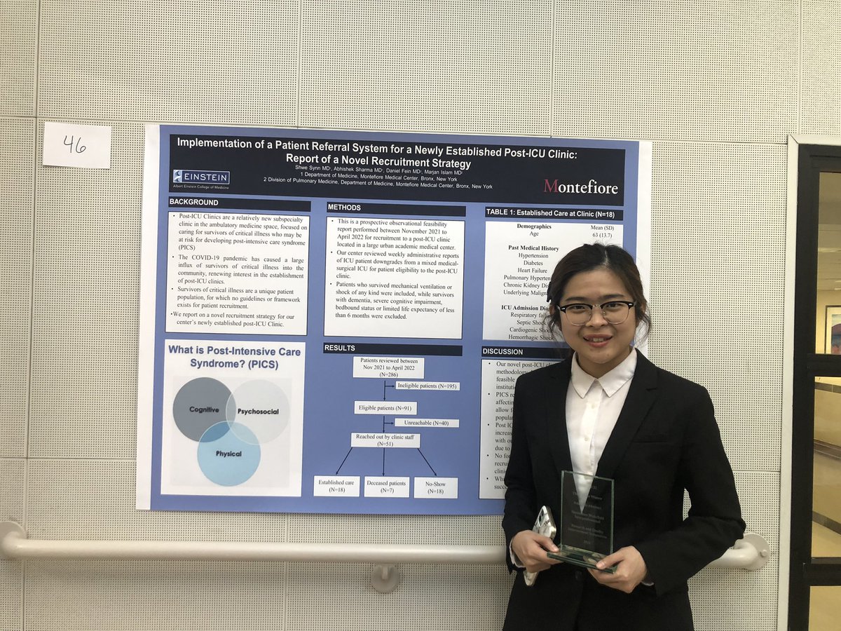 Daniel Fein (@danielgfein) on Twitter photo Another winner from the Wakefield ICU Dr. Synn and <a href="/MarjanIslamMD/">Marjan Islam</a> A novel methodology to refer patients to a post-ICU clinic using discharge reports from our ICU. Get those patients to clinic and get rid of PICS! @MontePCCM <a href="/MontefioreCCM/">Montefiore Critical Care Medicine</a> <a href="/ATSCritCare/">ATS Crit Care</a> Another winner from the Wakefield ICU Dr. Synn and <a href="/MarjanIslamMD/">Marjan Islam</a> A novel methodology to refer patients to a post-ICU clinic using discharge reports from our ICU. Get those patients to clinic and get rid of PICS! @MontePCCM <a href="/MontefioreCCM/">Montefiore Critical Care Medicine</a> <a href="/ATSCritCare/">ATS Crit Care</a>