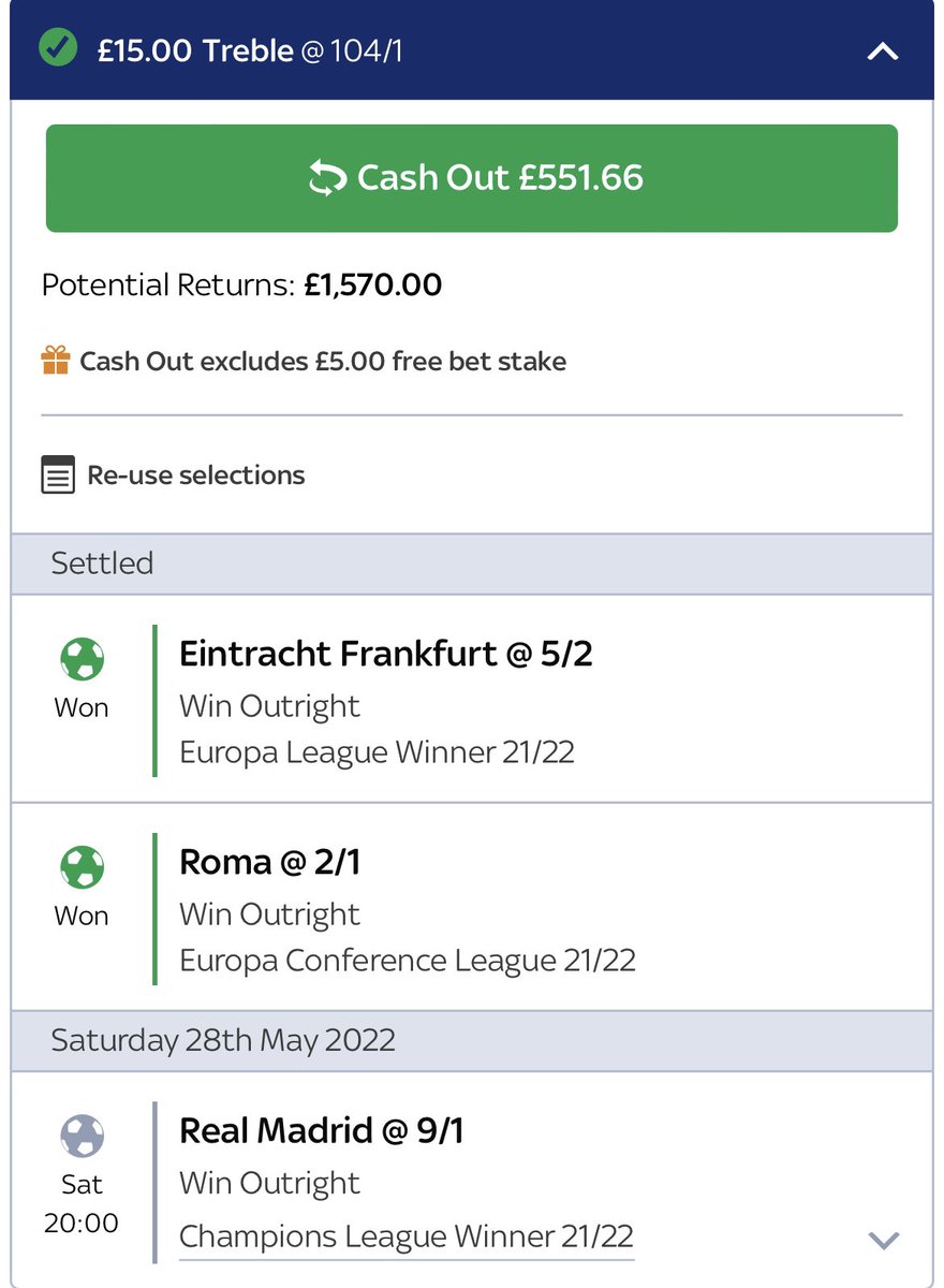 RomfordTipster's tweet photo. Massive win for Jose Mourinho and Roma. Just one more game to go in our massive 104/1 European Cup Winners Treble. Roll on Saturday for the Champions League Final ⚽️

Hala Madrid 🇪🇸

@SkyBet https://t.co/EYsIPDJaGh