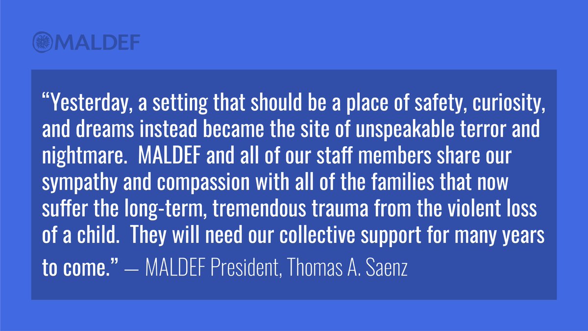A senseless act of gun violence took the lives of 19 children &amp; 2 teachers in the mostly-Latino community of Uvalde, Texas. Our hearts are w/ #Uvalde. "The Latino community needs sensible gun control now," says <a href="/MALDEF/">MALDEF</a> Pres. Thomas Saenz. Full statement: maldef.org/ut52522