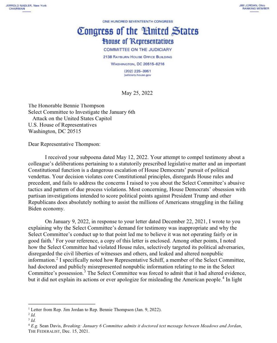 Jim_Jordan's tweet photo. Response to the January 6th Committee: https://t.co/zO7nPK72QQ