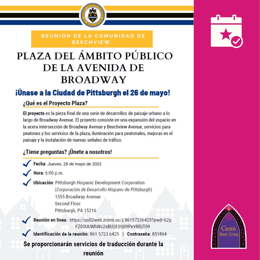 CasaSanJosePGH's tweet photo. 🚨📣If you live in #Beechview, don't miss this event to make your voice heard and contribute with your opinion to improve the spaces and services available between Broadway Ave. and Beechview Ave.
More information in the images. https://t.co/TjyHjRm0av