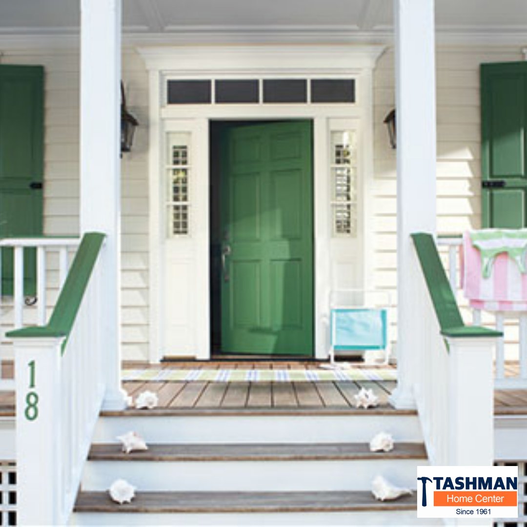 TashmanHardware's tweet image. Most exterior paint colors and materials lean toward neutral shades, so a colorful front door is a chance to express your personal style through a central exterior architectural feature. #BenMoore #paint #green #frontdoor #exterior #GrandEnterance #Tashmans