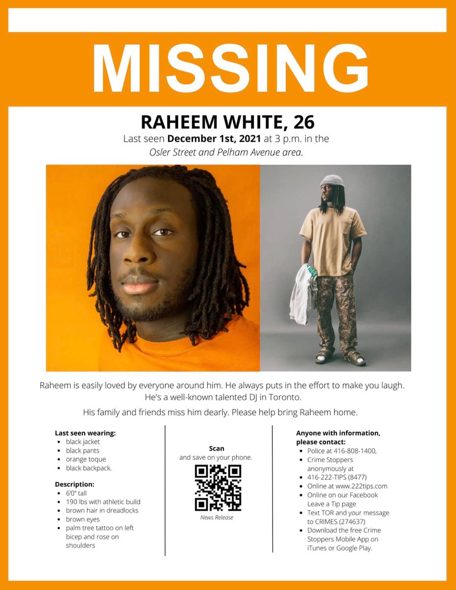 torontodotcom's tweet image. HAVE YOU SEEN Raheem White? 
'The answers will come out': Search continues for #Toronto DJ who went missing almost 6 mos. ago;
27 y.o. man last seen Dec. 1, 2021 near Pelham+ Osler.
#WestTO
@TorontoPolice @Plsbringmehome @TPS14Div @1800222TIPS 
More here: toronto.com/news/the-answe…