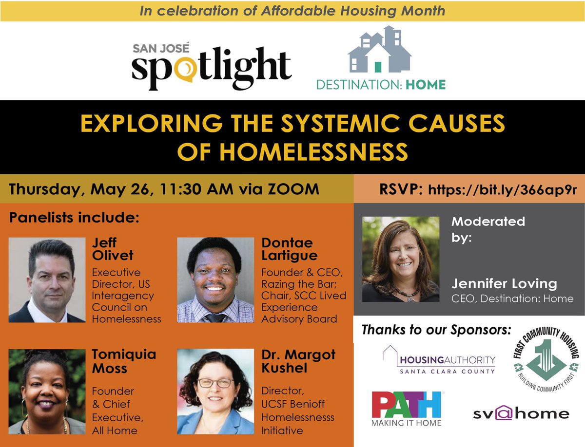 SJSpotlight's tweet photo. TOMORROW: Tune into our 2022 Affordable Housing Month virtual forum with expert panelists discussing the systemic causes of homelessness. In partnership with @DSTNHome and @SVatHome. RSVP: https://t.co/XelAR6knT7 #ReimaginingHome https://t.co/QPtaCGPYVk