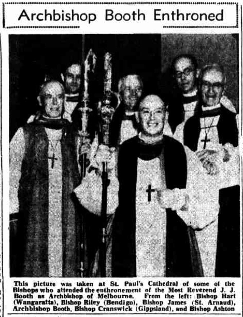 AustAnglican's tweet photo. 26 May 1886: birth (Middlesbrough, North Yorkshire) of Joseph John Booth, Archbishop of Melbourne 1942-1956; first coadjutor bishop 1934-1942. #anglican #136years MC 1917, CMG 1954, and, as noted in the Cable Clerical Index, he "never wore a cope or mitre in the Cathedral." https://t.co/0vQpuf51HG
